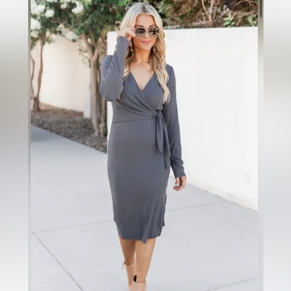 Pink Lilly Ribbed Wrap Dress Gray Size Small